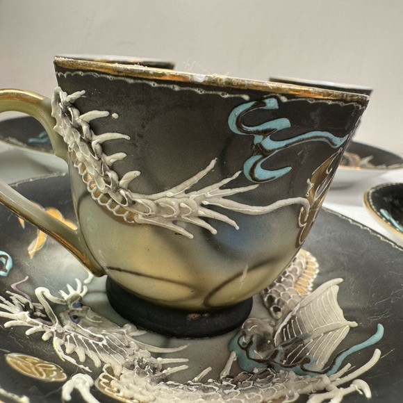 Moriage Dragon Ware Demitasse Teacup Saucer 8 Pc Set Japan Asian Gray Blue - Picture 6 of 11